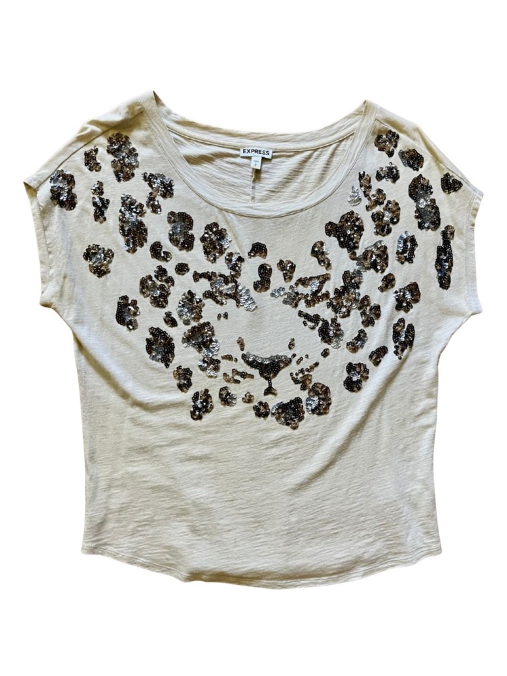 Vintage Sequin Short Sleeve Tee Shirt Gray Jaguar Cheetah